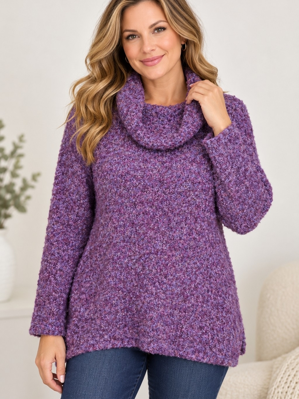 Koret Women's Size M Purple Boucle Cowl Neck Sweater Long Sleeve Pullover Cozy